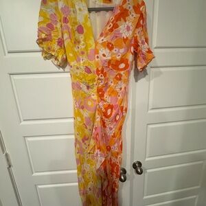 Yellow and Orange Asymmetrical Wrap Sundress with Puff Sleeves